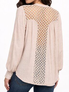 Free People The Best Blouse Lace Insert Embroidered Blouse Boho Mocha M